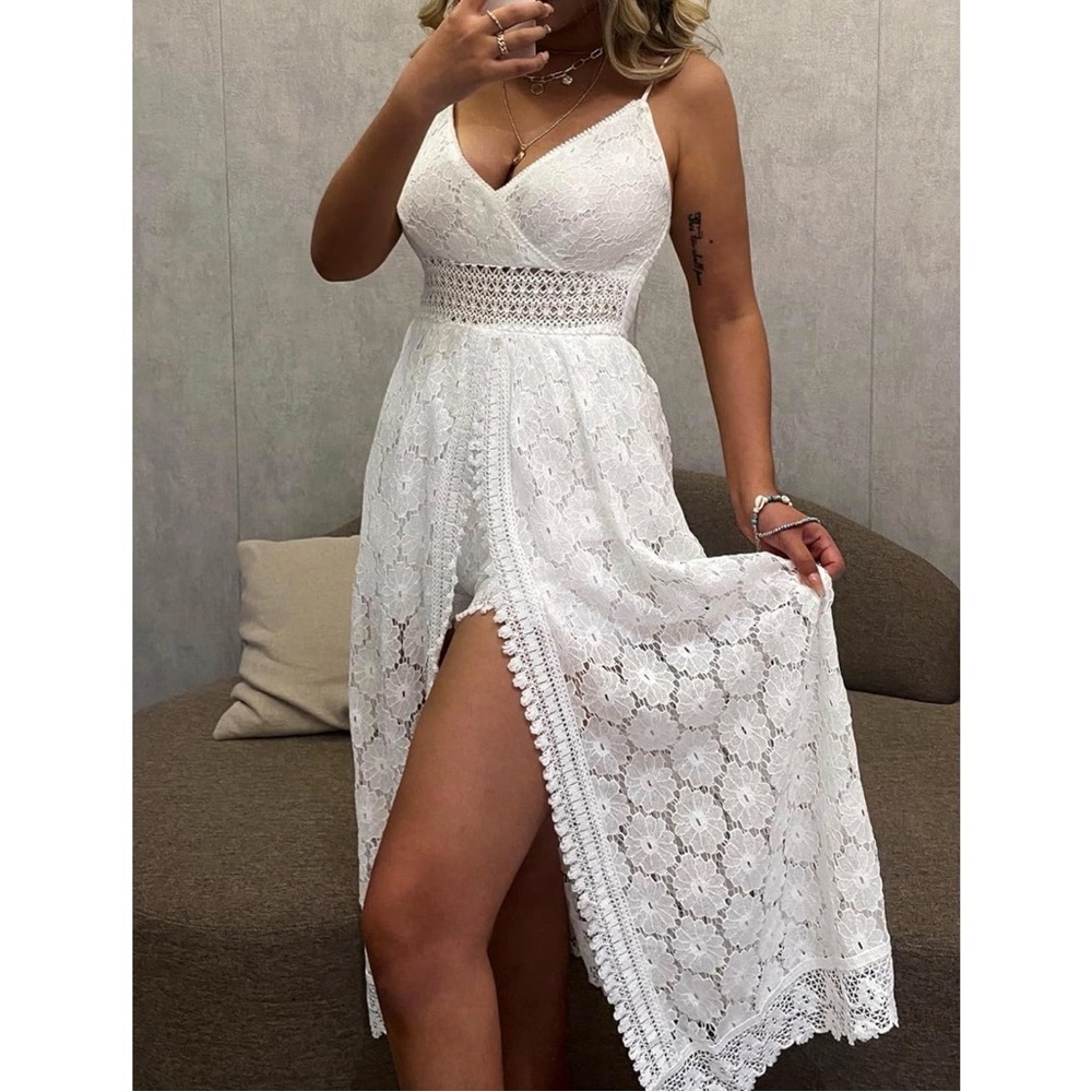 CUPSHE - Women's Jumpsuit Summer Slip V Neck Backless Maxi High Low - White